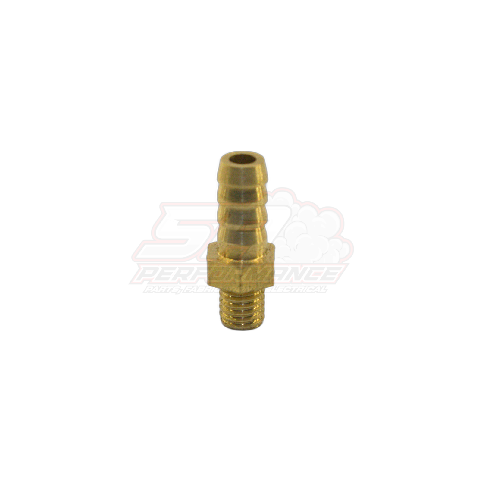 Brass M5 x 0.8 male metric to 5mm barb adapter fitting showing threaded end and three-rib barb tip
