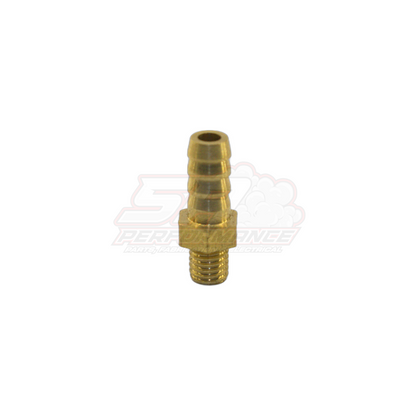 Brass M5 x 0.8 male metric to 5mm barb adapter fitting showing threaded end and three-rib barb tip