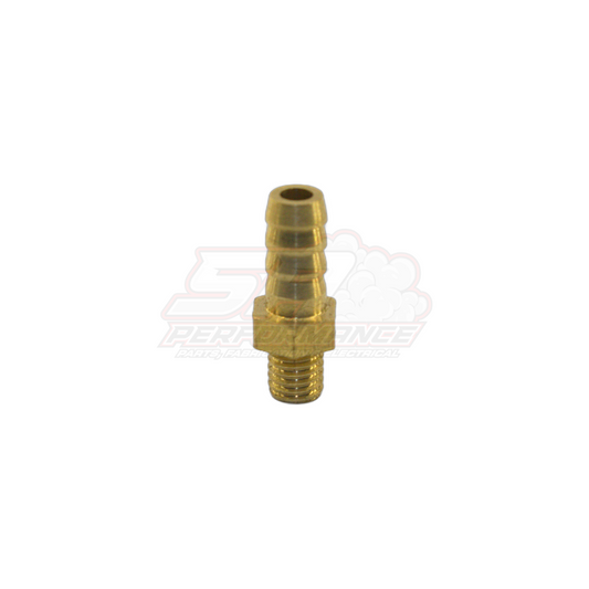 Brass M5 x 0.8 male metric to 5mm barb adapter fitting showing threaded end and three-rib barb tip