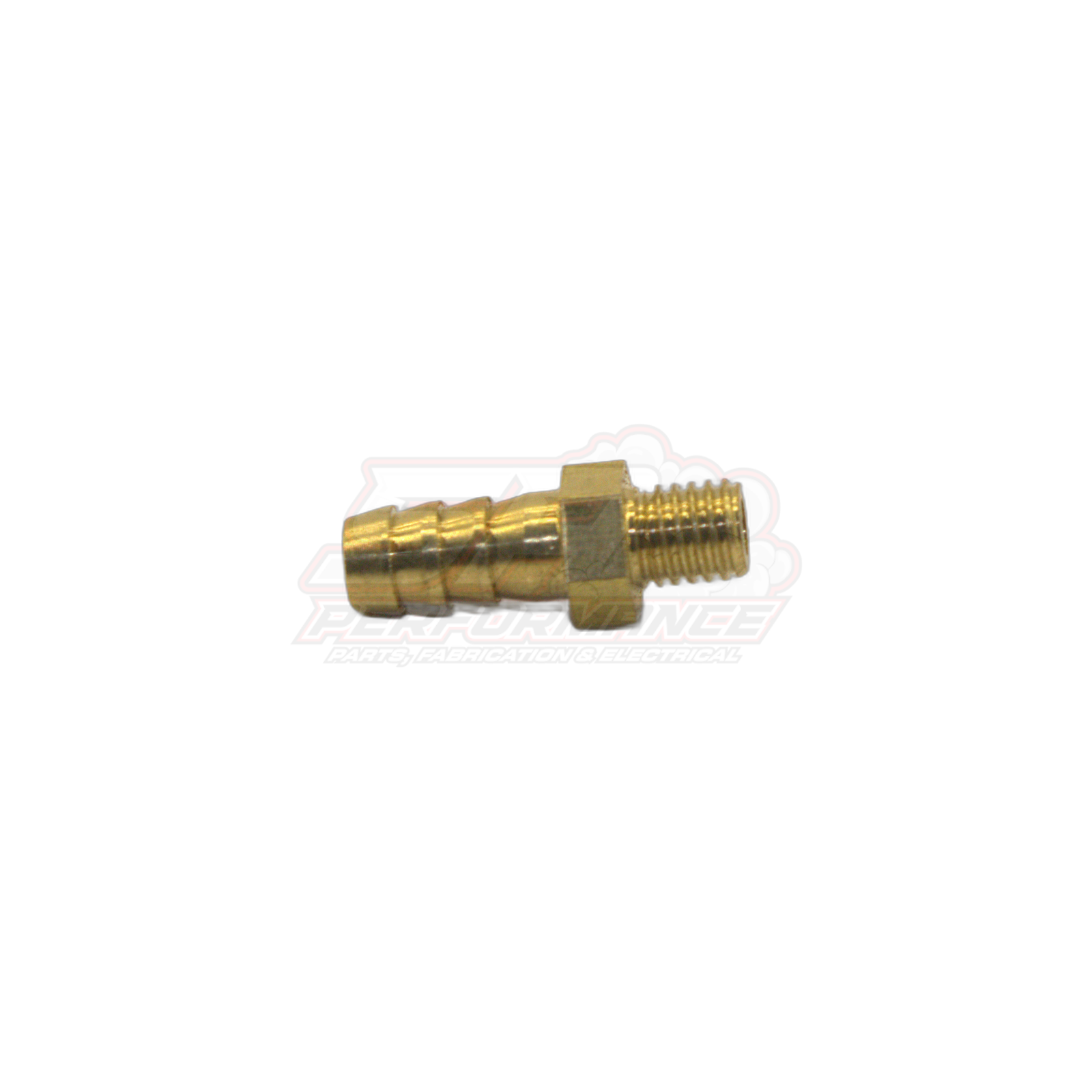 Side view of brass M5 x 0.8 male metric to 5mm barb fitting showing threaded end and ribbed barb