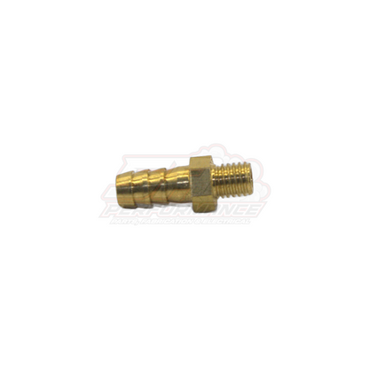 Side view of brass M5 x 0.8 male metric to 5mm barb fitting showing threaded end and ribbed barb