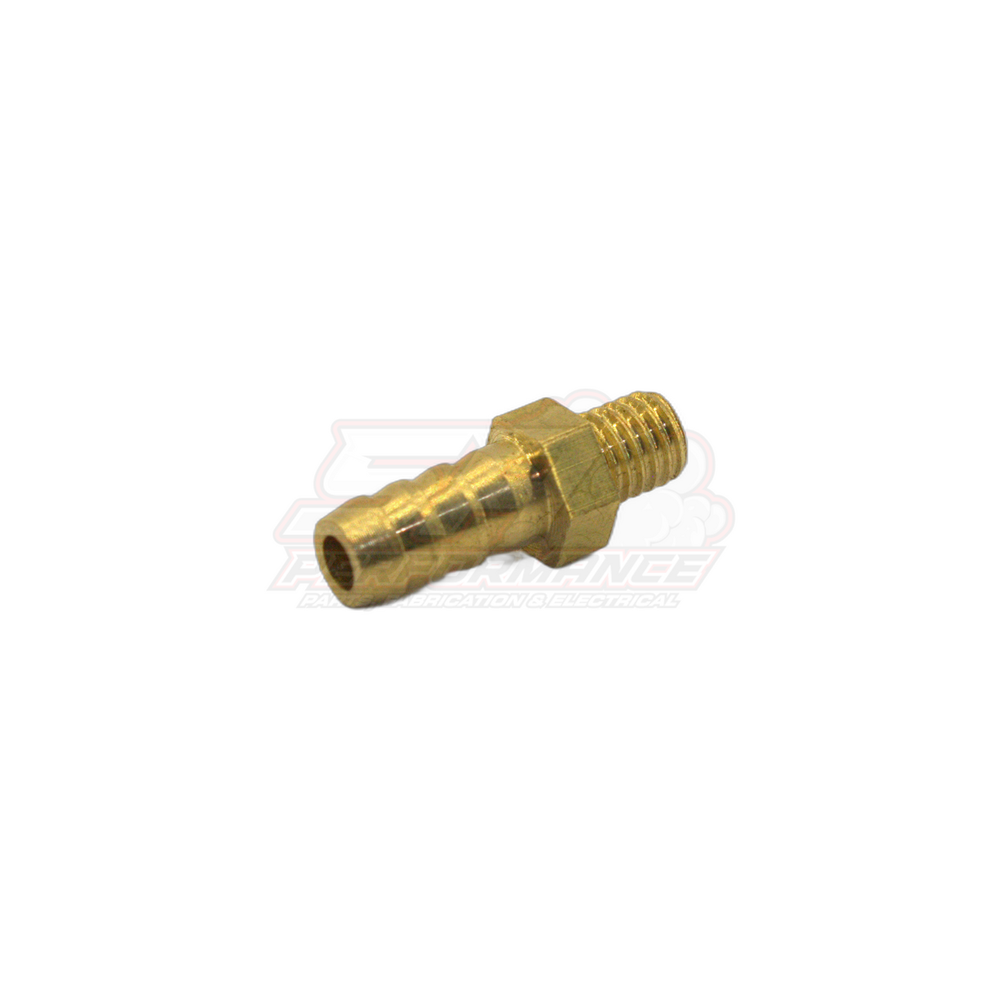 Brass M5 x 0.8 male metric to 5mm barb fitting shown at angle displaying threaded end and barbed hose connector