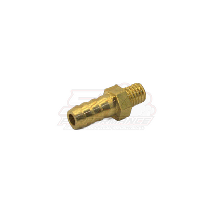 Brass M5 x 0.8 male metric to 5mm barb fitting shown at angle displaying threaded end and barbed hose connector
