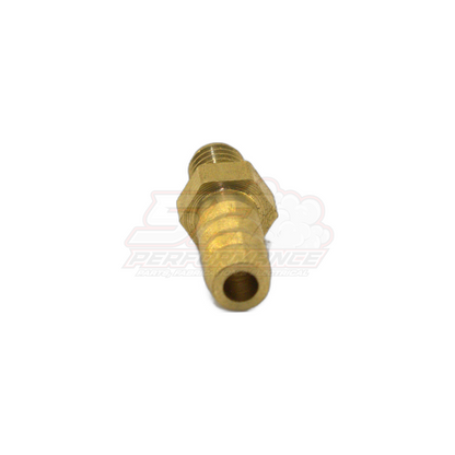 Angled view of M5 x 0.8 male metric to 5mm barb brass fitting showing threaded end and ribbed barb connection