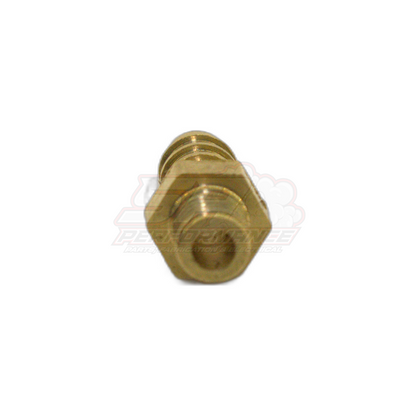 M5 x 0.8 male metric to 5mm barb brass fitting angled view showing hexagonal body and threaded end detail