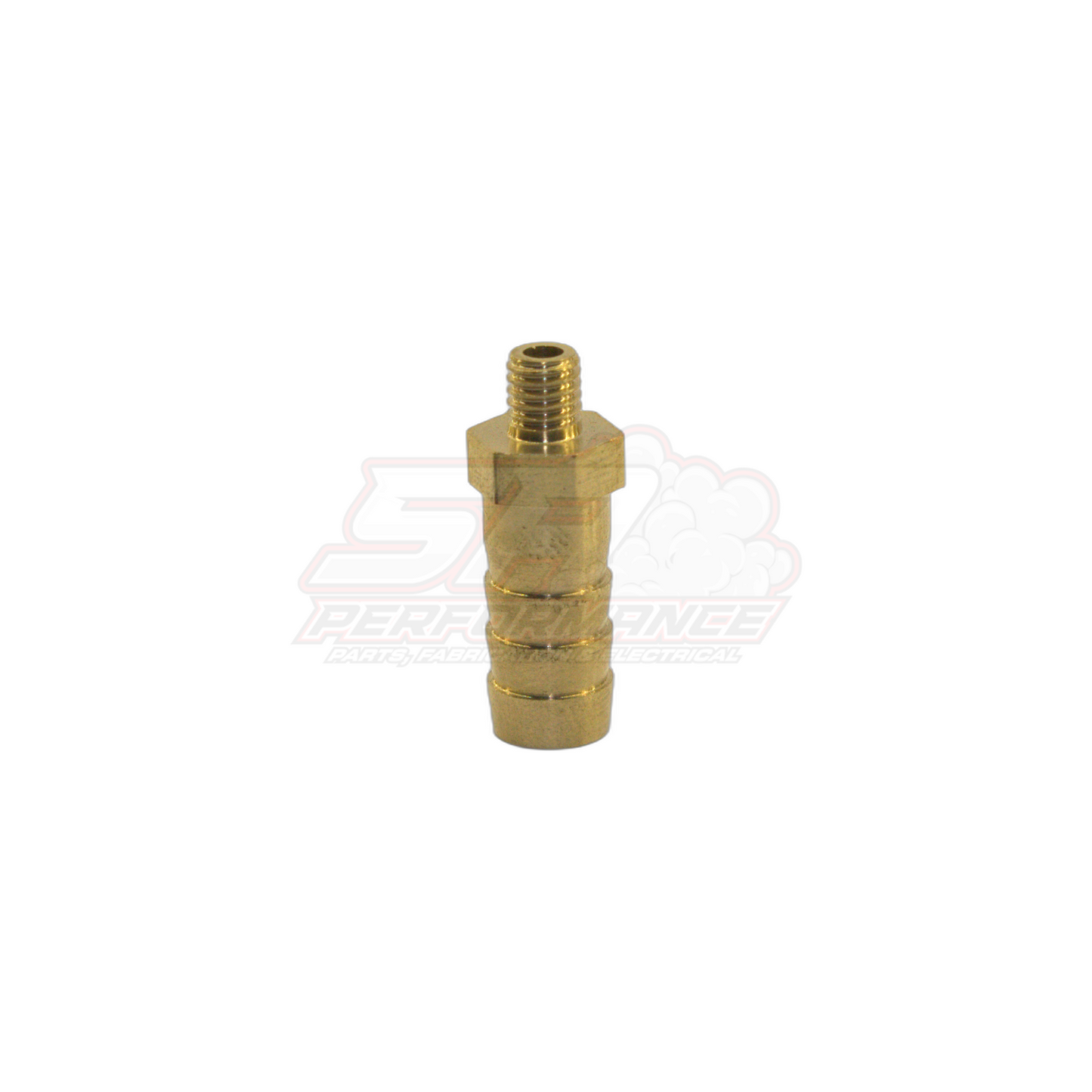 M5 x 0.8 male metric thread to 8mm barb brass fitting side view showing hex body and barbed hose tail