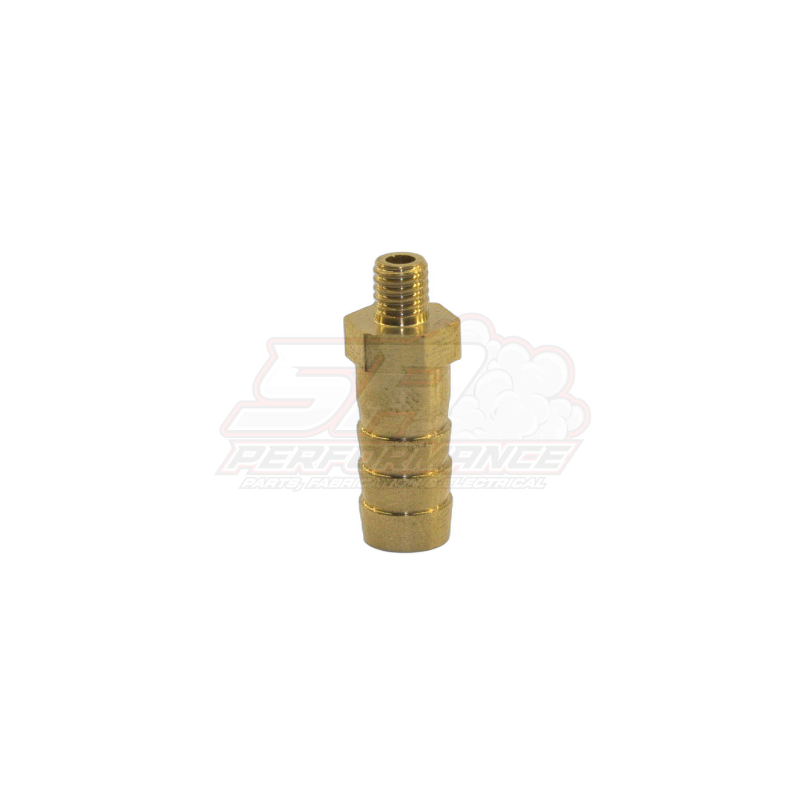 M5 x 0.8 male metric thread to 8mm barb brass fitting side view showing hex body and barbed hose tail