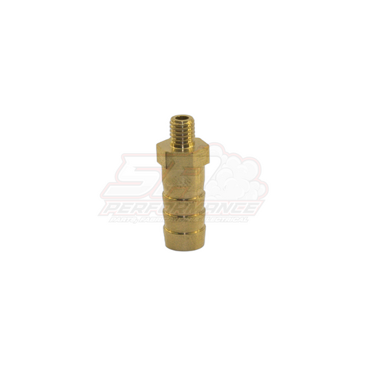 M5 x 0.8 male metric thread to 8mm barb brass fitting side view showing hex body and barbed hose tail