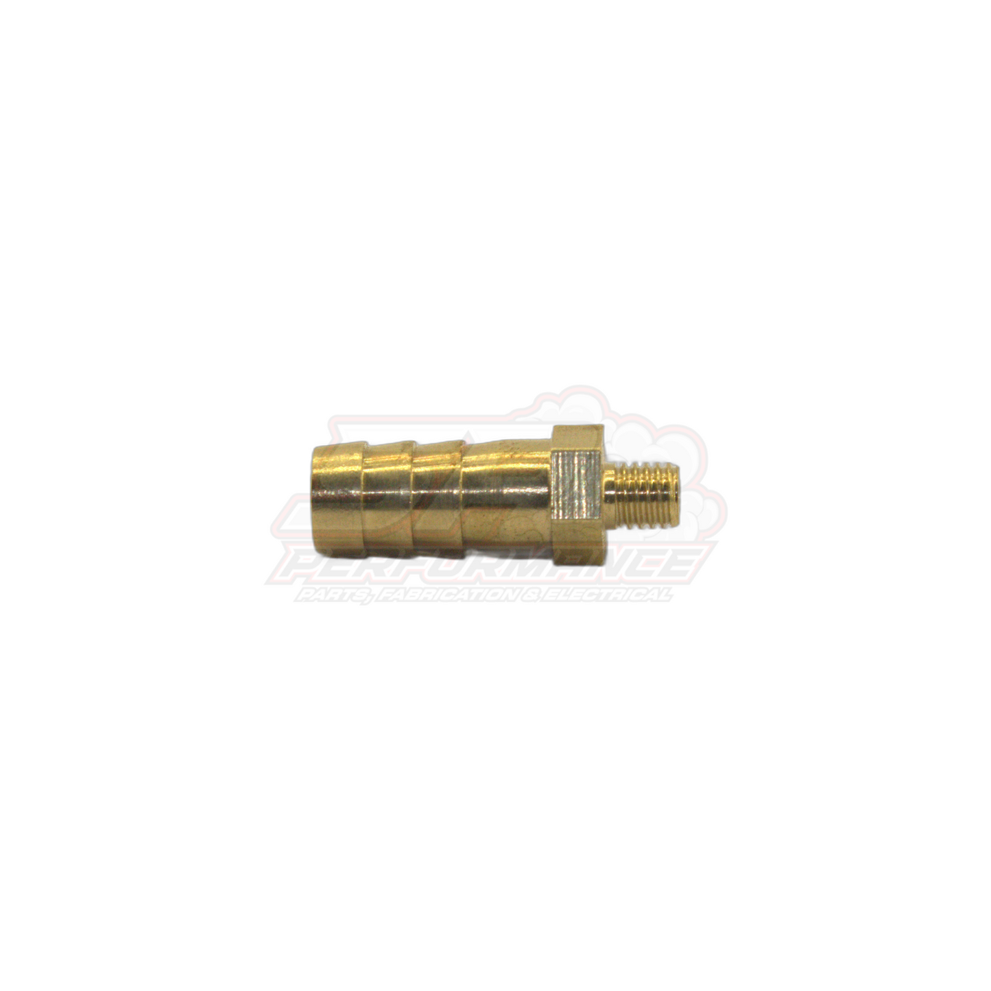 Side view of brass M5 x 0.8 male metric to 8mm barb adapter showing ridged barb end and threaded fitting