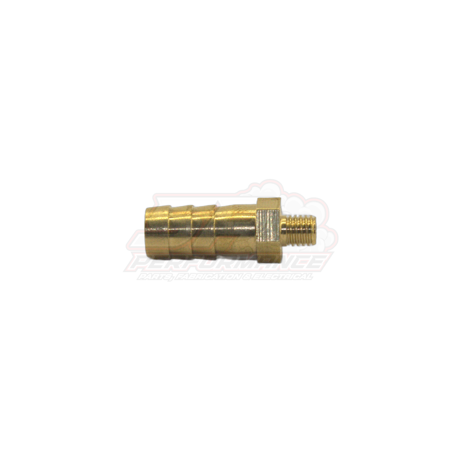 Side view of brass M5 x 0.8 male metric to 8mm barb adapter showing ridged barb end and threaded fitting