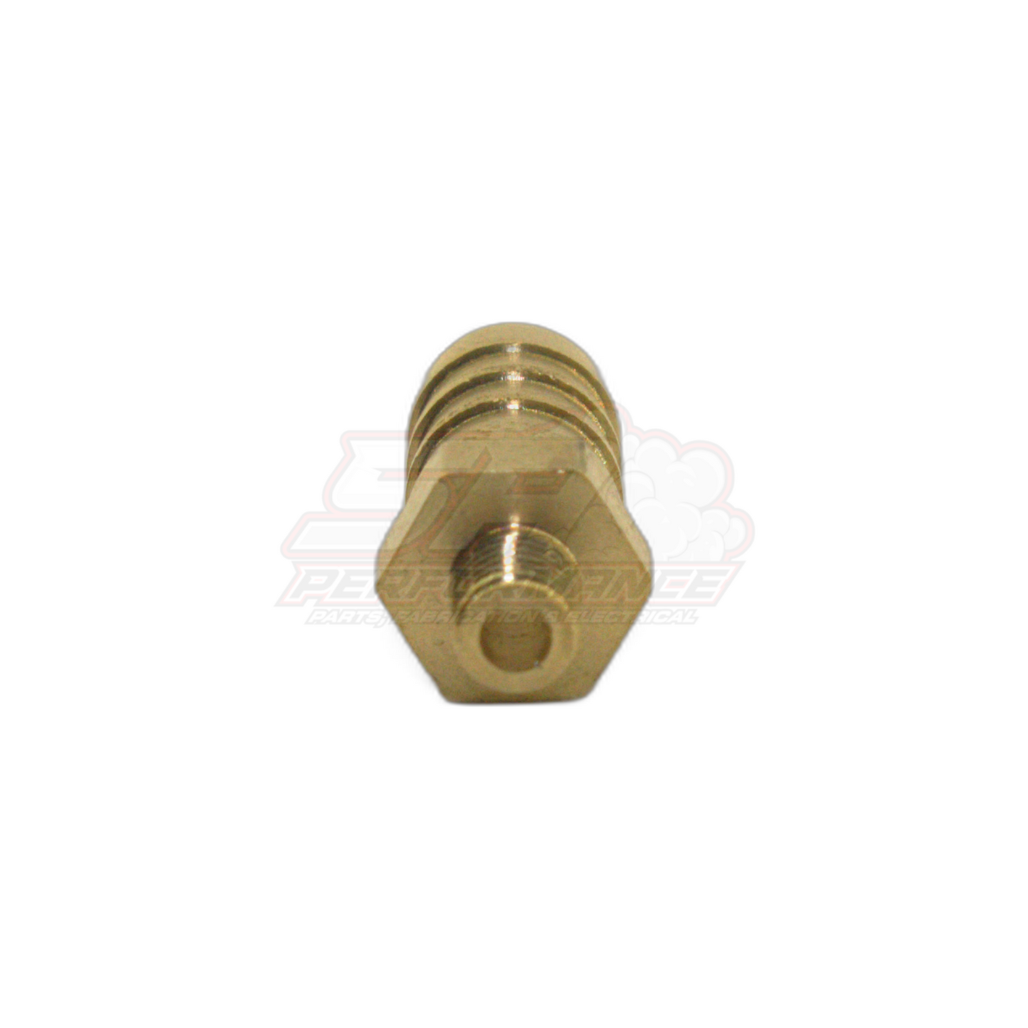Front angled view of M5 x 0.8 male metric to 8mm barb brass fitting showing hexagonal wrench flats and threaded end