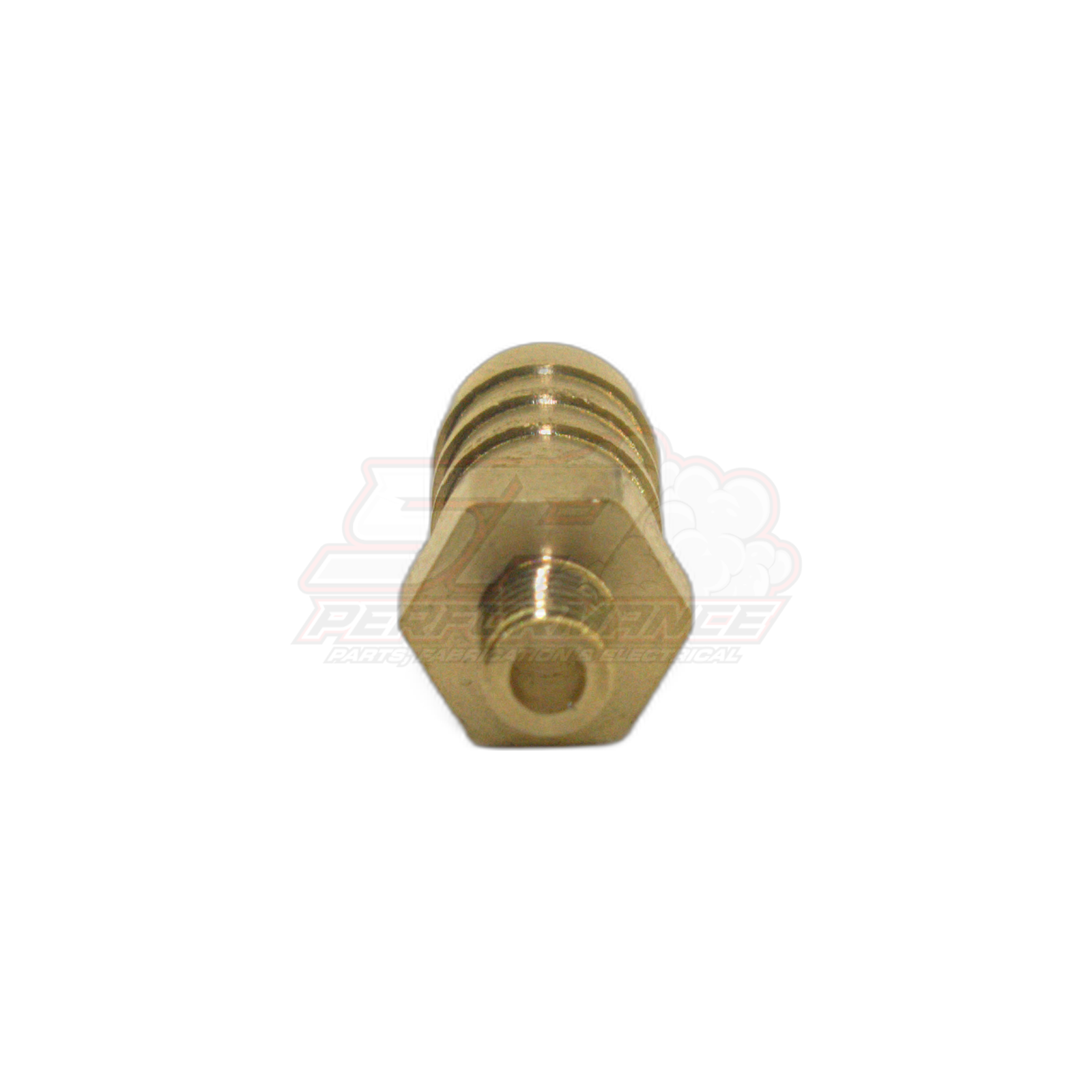 Front angled view of M5 x 0.8 male metric to 8mm barb brass fitting showing hexagonal wrench flats and threaded end