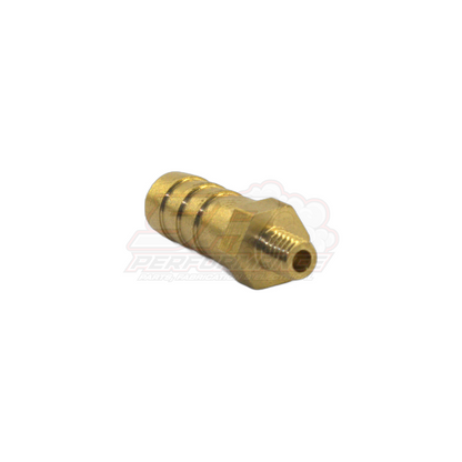 M5 x 0.8 male metric to 8mm barb brass fitting angled view showing threaded end and triple-ribbed barb section