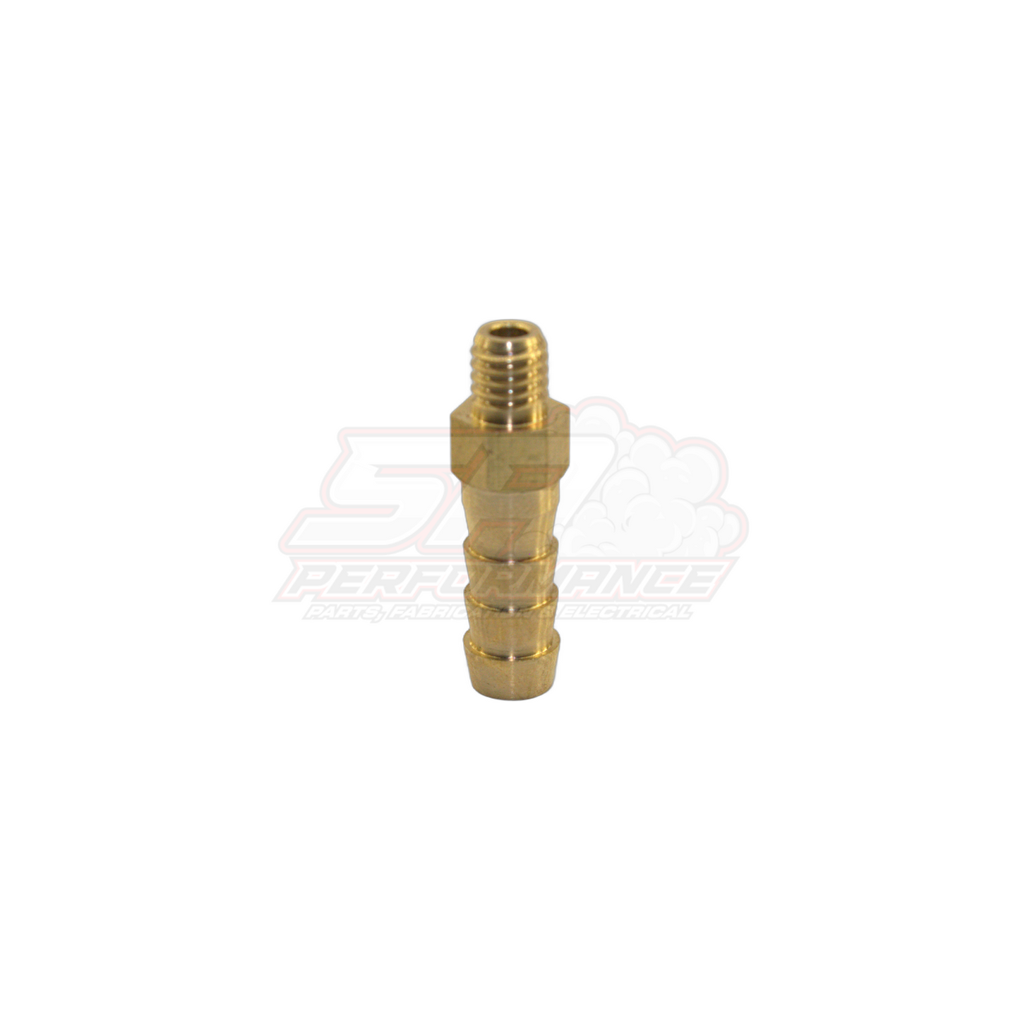 M6x1.0 male metric to 6mm barb brass fitting front view showing threaded end and stepped barb tail