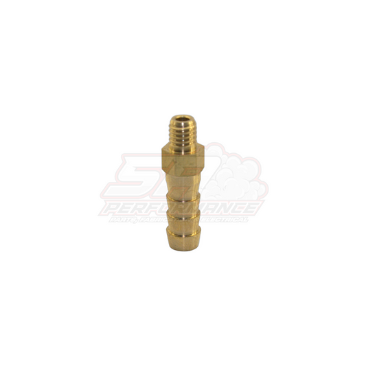 M6x1.0 male metric to 6mm barb brass fitting front view showing threaded end and stepped barb tail