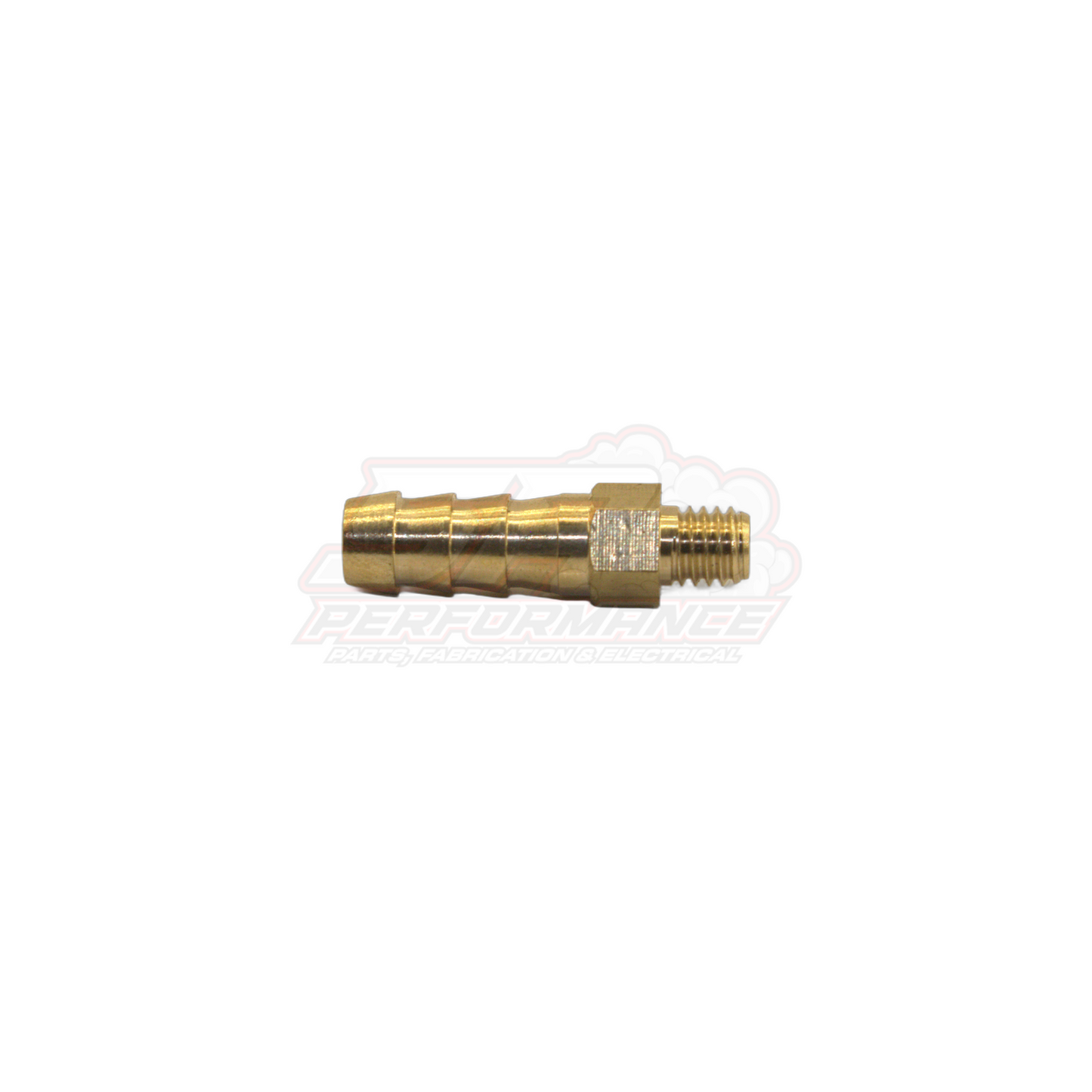 Side profile view of M6x1.0 male metric to 6mm barb brass fitting showing threaded end and stepped barbed tail