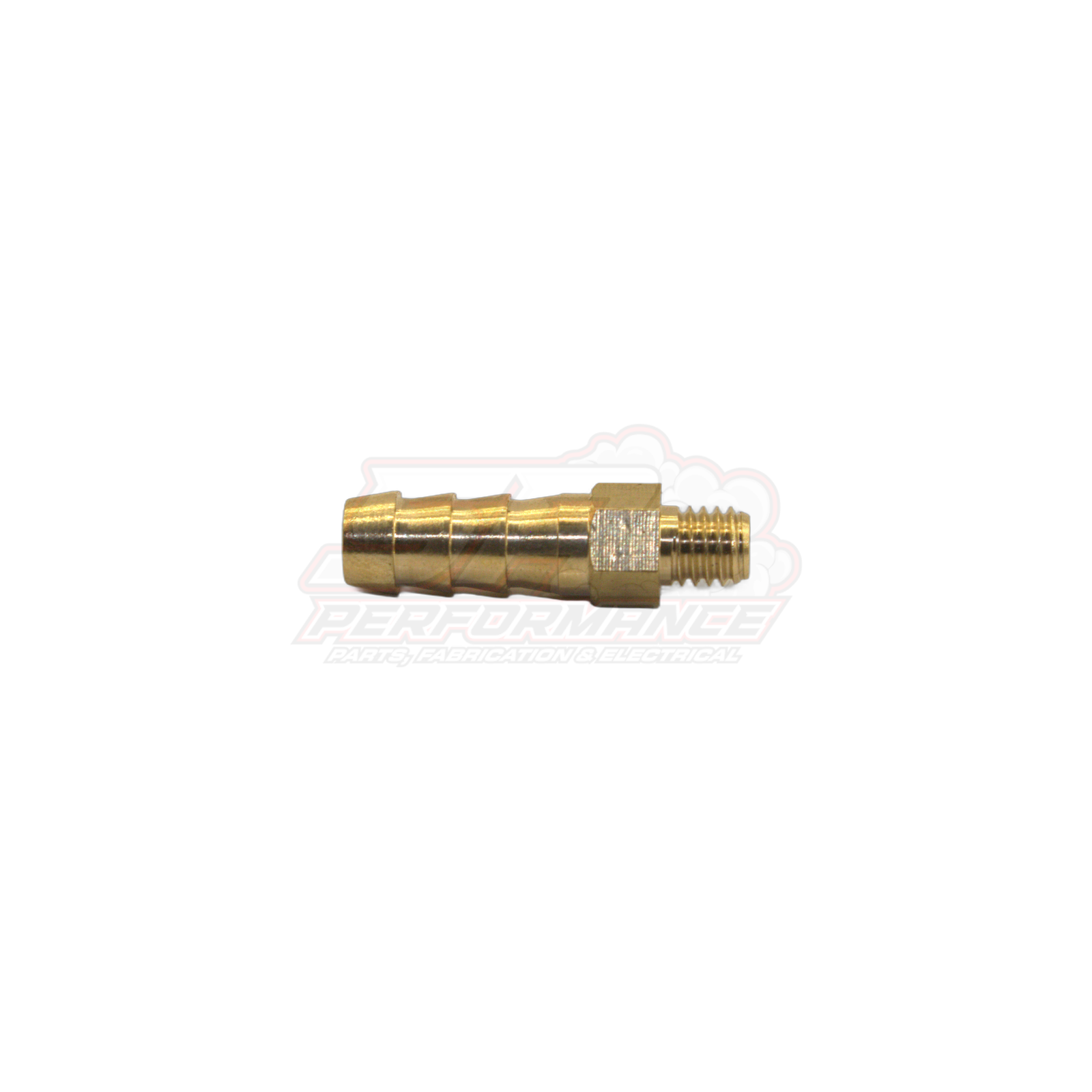 Side profile view of M6x1.0 male metric to 6mm barb brass fitting showing threaded end and stepped barbed tail
