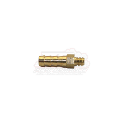 Side profile view of M6x1.0 male metric to 6mm barb brass fitting showing threaded end and stepped barbed tail