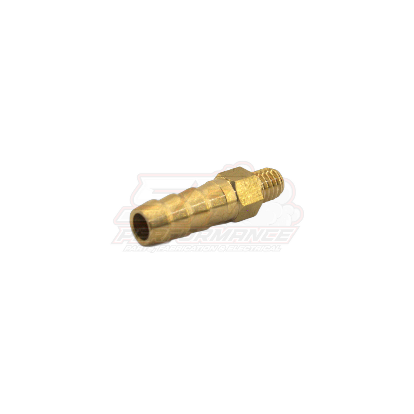 Side angle view of brass M6x1.0 male metric to 6mm barb fitting showing threaded end and tapered barb connection