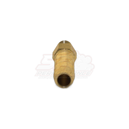 Side view of M6x1.0 male metric to 6mm barb brass fitting showing threaded end and hollow bore connection point