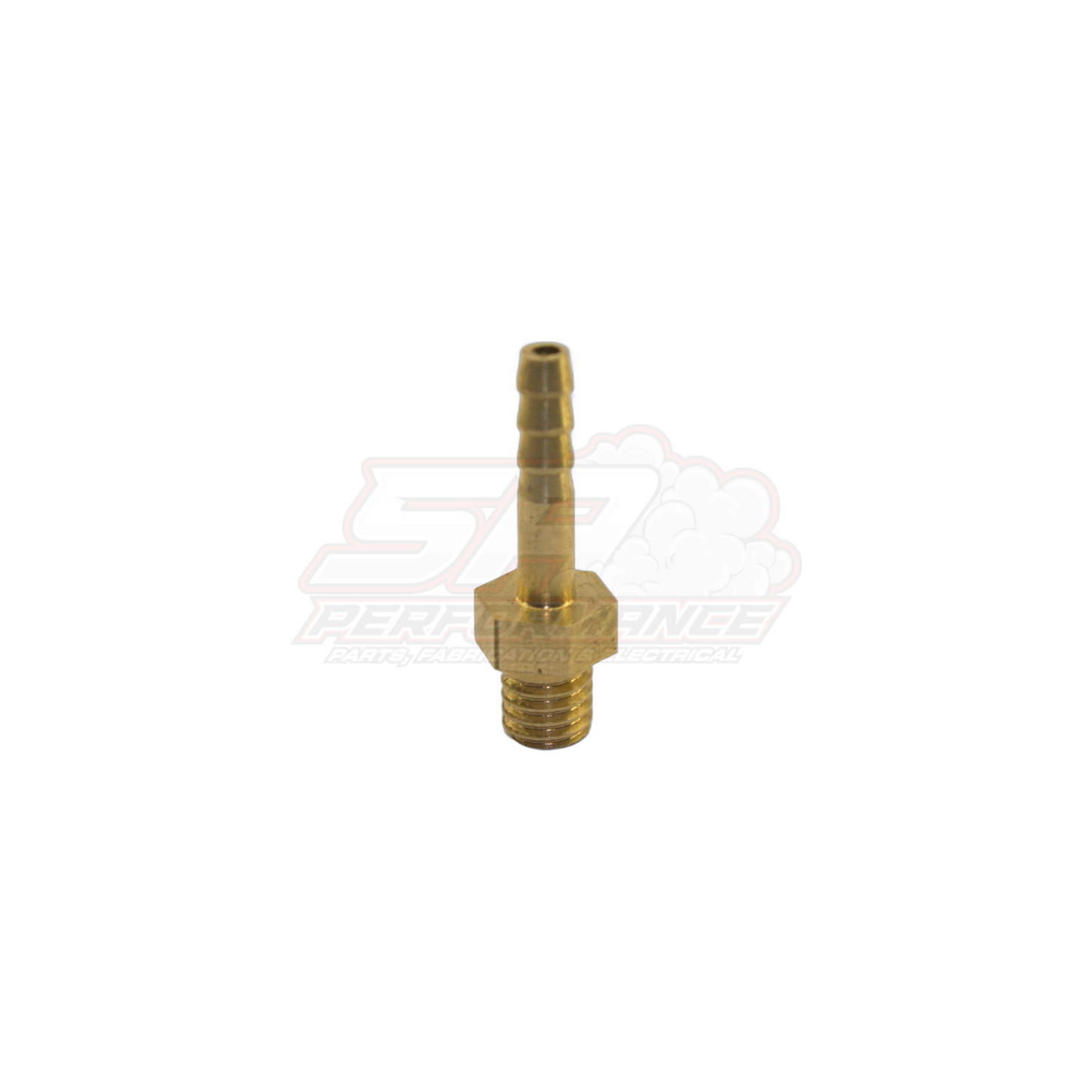 Brass M6 x 1.0 male metric to 3mm barb fitting showing threaded hex section and stepped barb tip