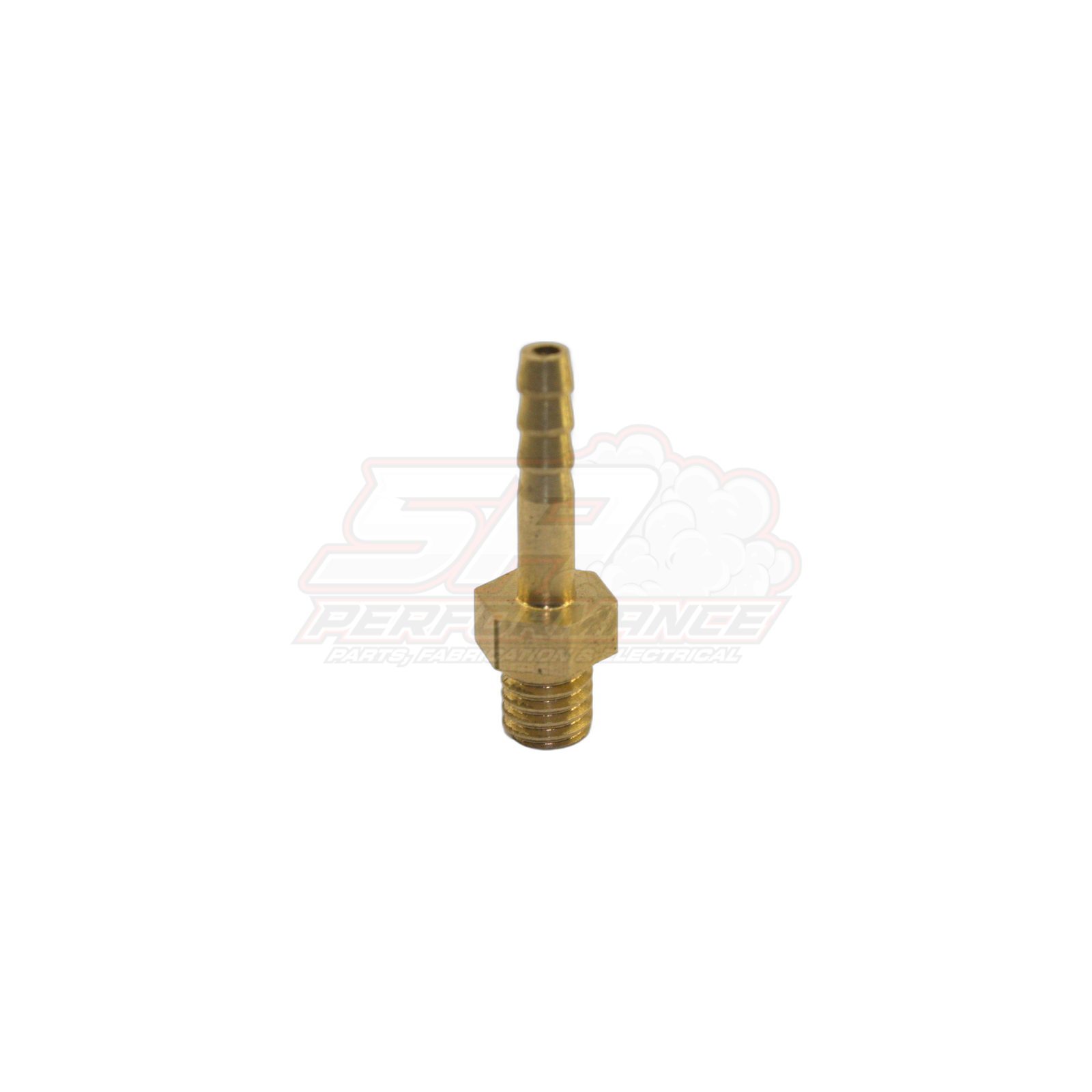 Brass M6 x 1.0 male metric to 3mm barb fitting showing threaded hex section and stepped barb tip