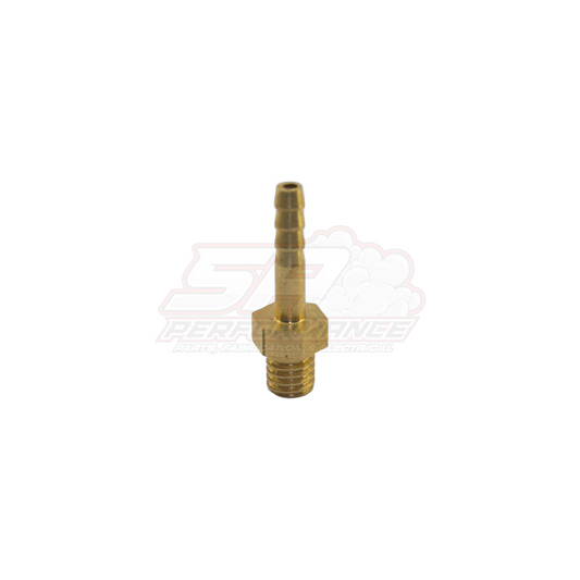 Brass M6 x 1.0 male metric to 3mm barb fitting showing threaded hex section and stepped barb tip