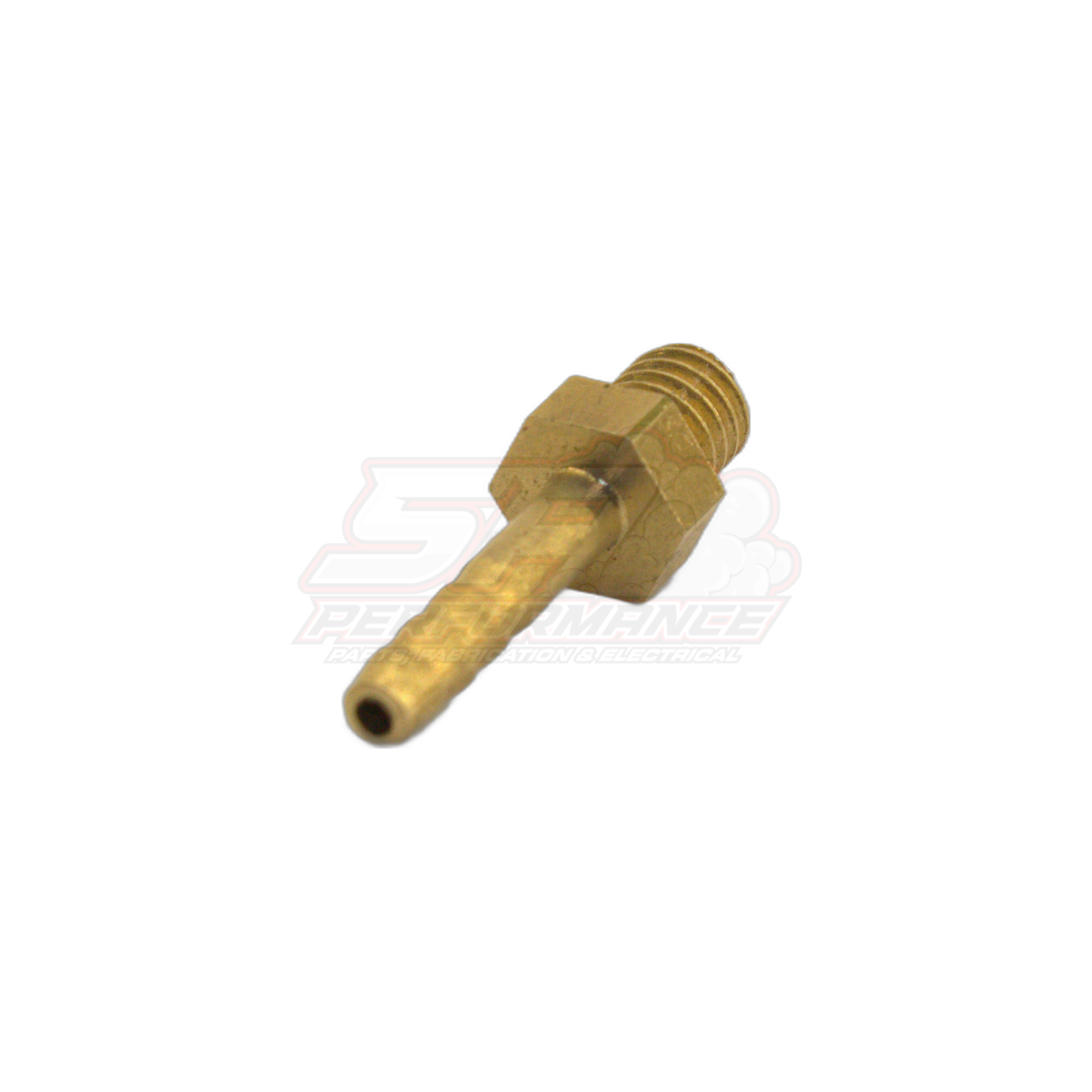 Angled view of M6 x 1.0 male metric to 3mm barb brass fitting showing threaded end and barb tail