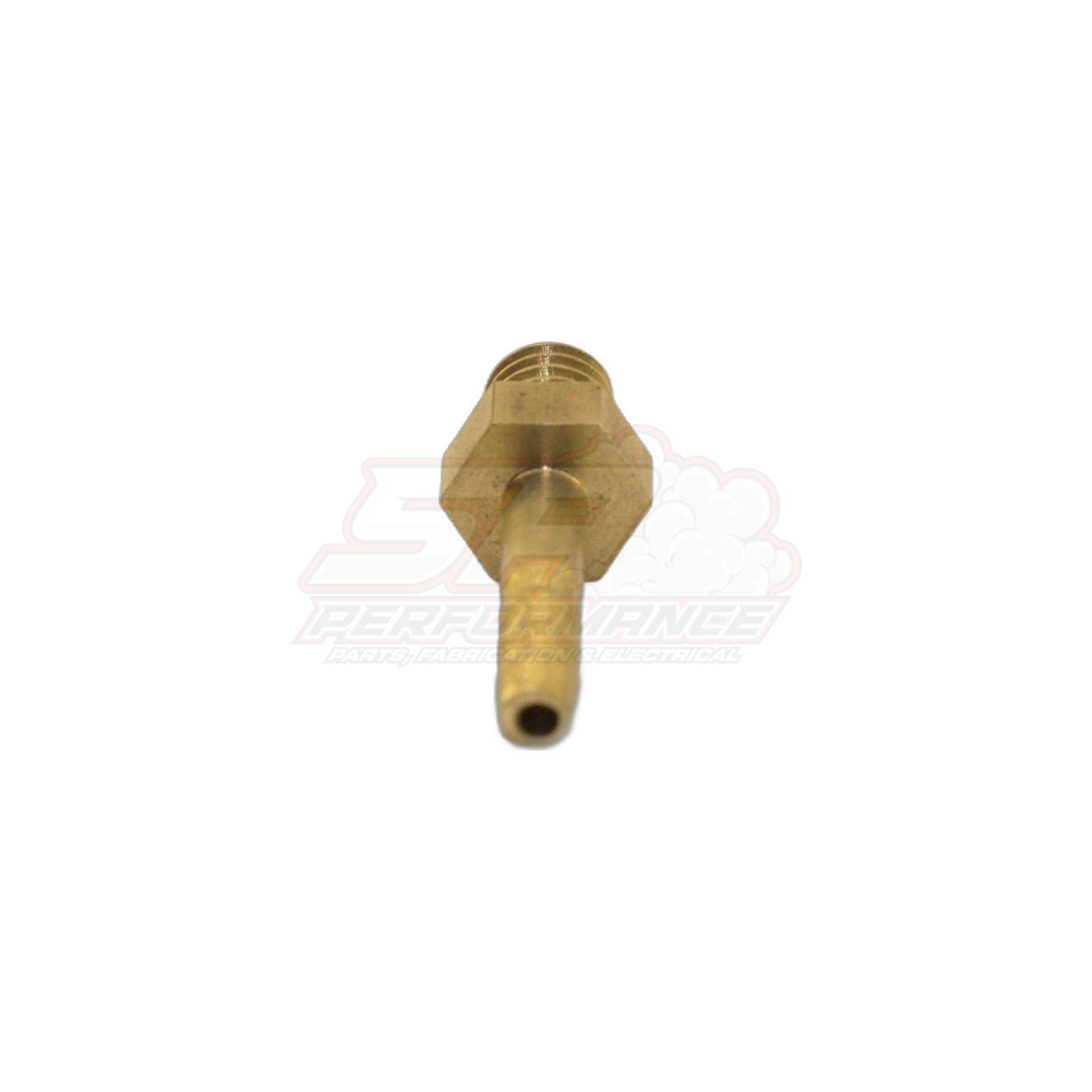 M6 x 1.0 male metric to 3mm barb brass fitting front view showing hexagonal body and threaded hose connection