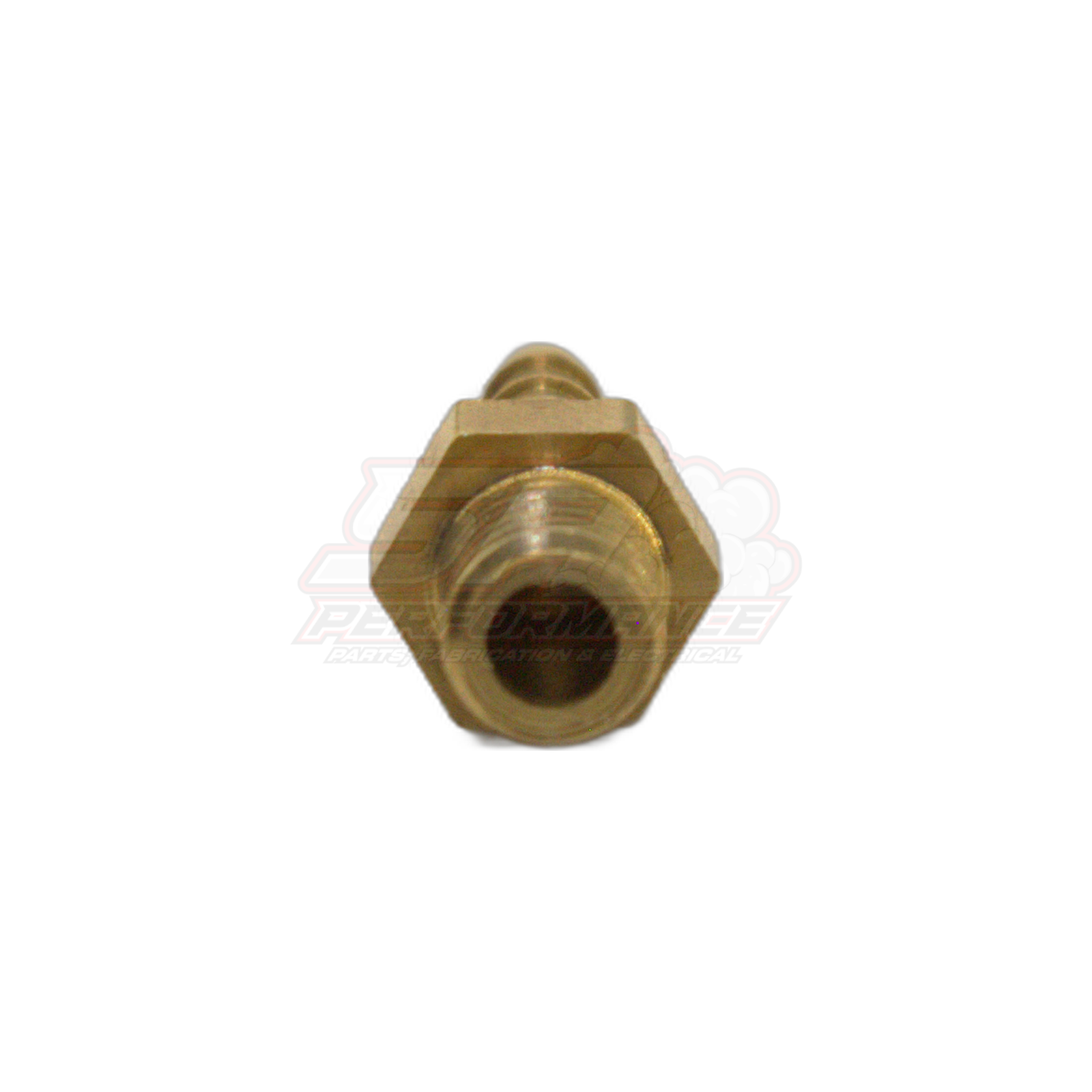 End-on view of M6 x 1.0 male metric to 3mm barb brass fitting showing threaded port and hexagonal body