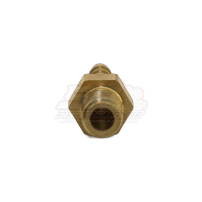 End-on view of M6 x 1.0 male metric to 3mm barb brass fitting showing threaded port and hexagonal body