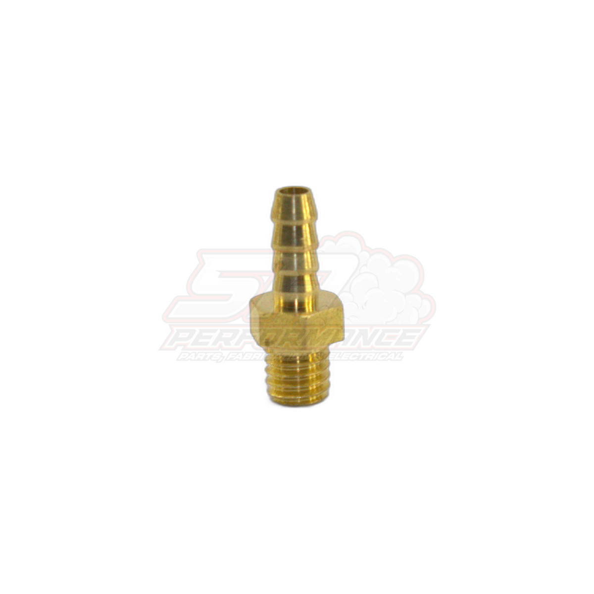 M6 x 1.0 male metric to 4mm brass barb fitting shown at angle with visible threaded end and ribbed barb