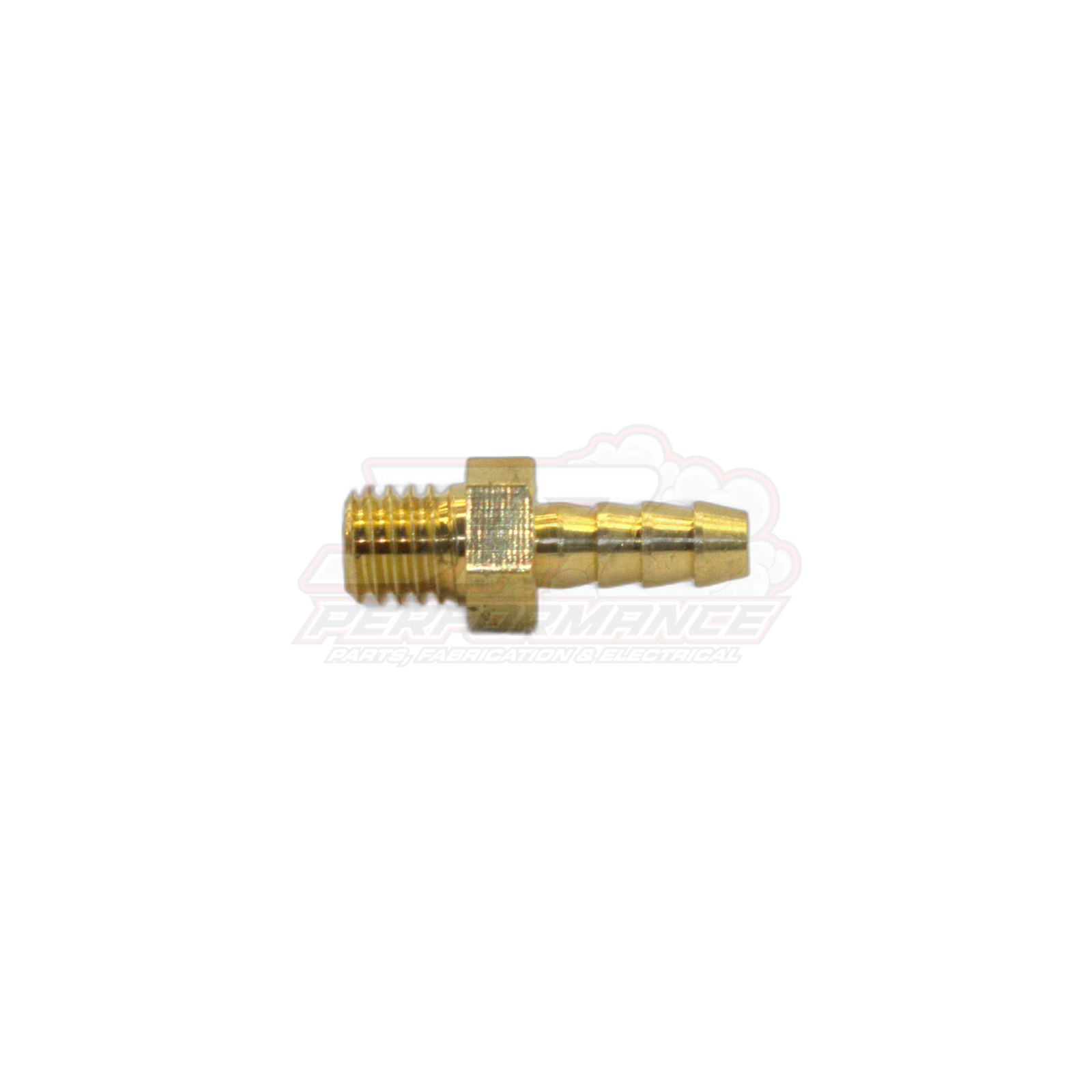 Brass M6 x 1.0 male metric to 4mm barb fitting side profile showing hex body and threaded end