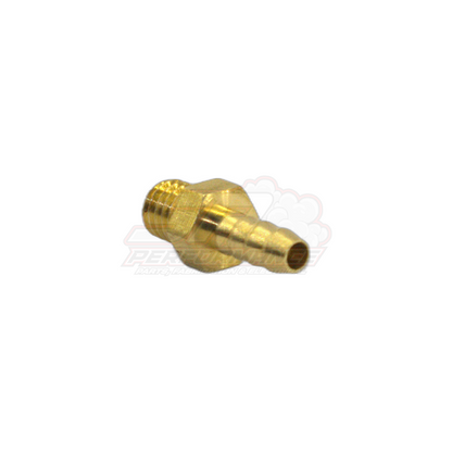 Angled side view of M6 x 1.0 male metric to 4mm barb brass fitting showing threaded end and tapered barb tail