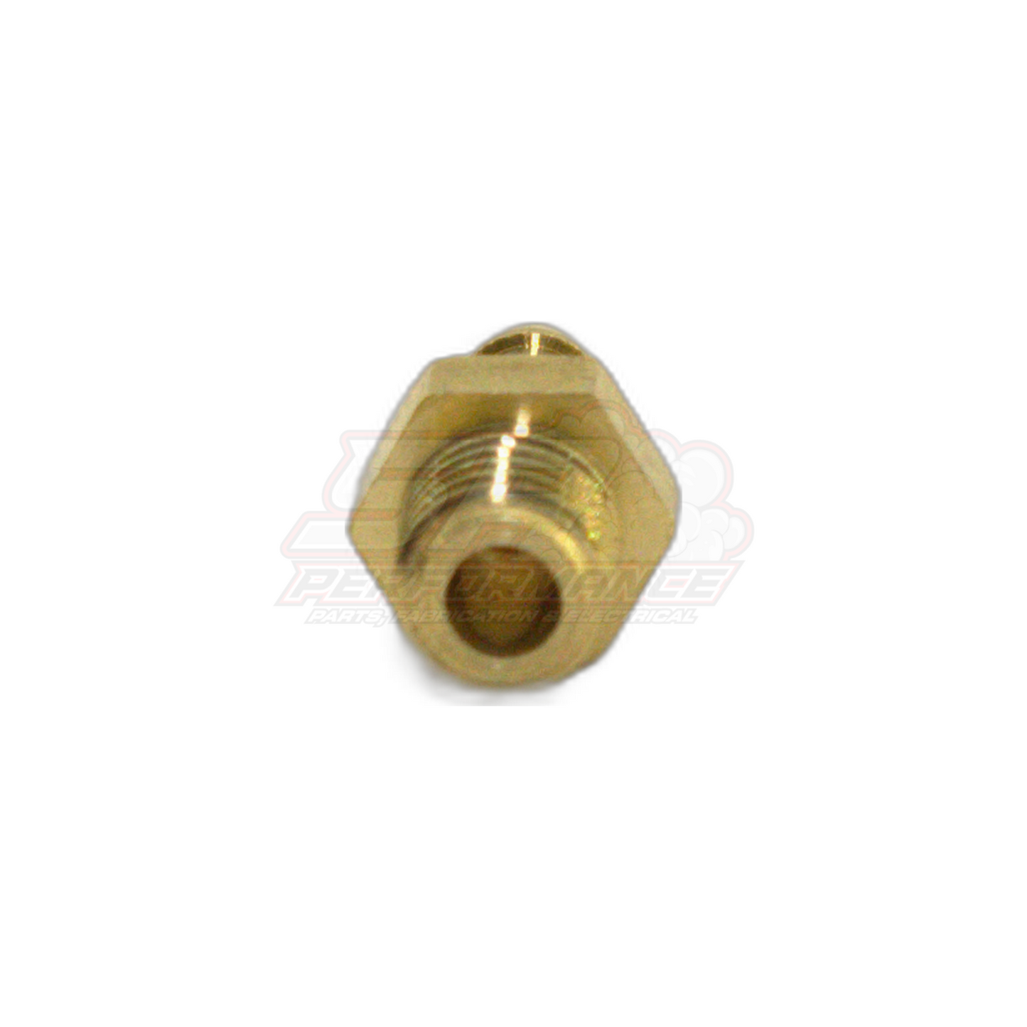 Front angled view of M6 x 1.0 male metric to 4mm barb brass fitting showing hexagonal body and central through-bore