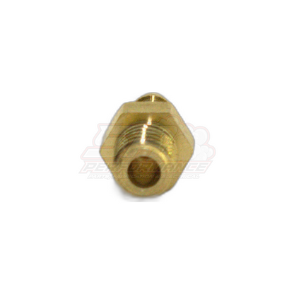 Front angled view of M6 x 1.0 male metric to 4mm barb brass fitting showing hexagonal body and central through-bore
