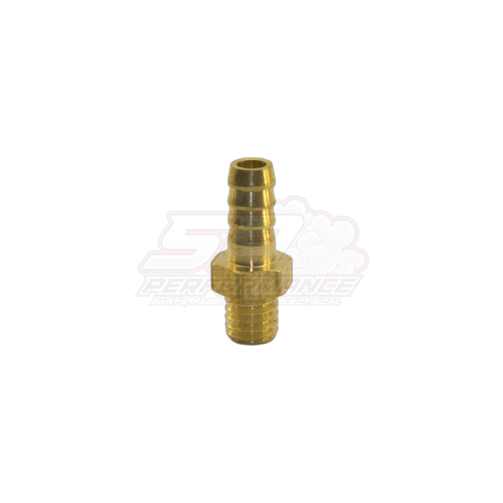 Brass M6 x 1.0 male metric to 5mm barb adapter fitting front view showing threaded base and ribbed barb