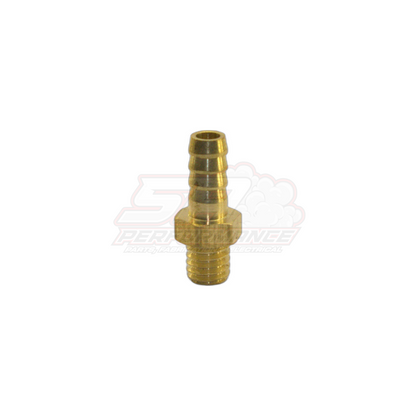 Brass M6 x 1.0 male metric to 5mm barb adapter fitting front view showing threaded base and ribbed barb