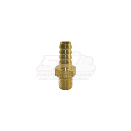 Brass M6 x 1.0 male metric to 5mm barb adapter fitting front view showing threaded base and ribbed barb