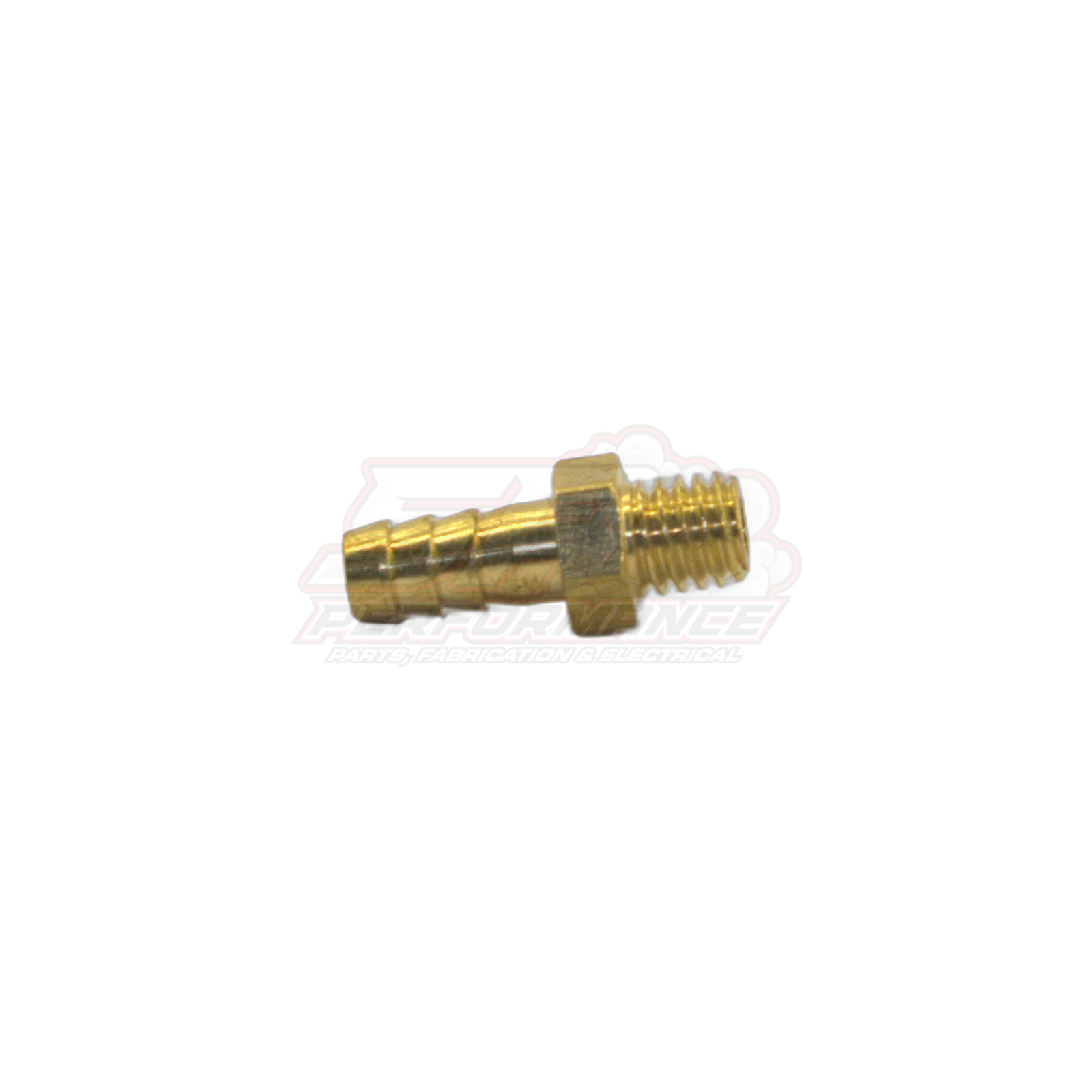 Brass M6 x 1.0 male metric thread to 5mm barb adapter fitting side view showing hex body and barbed end