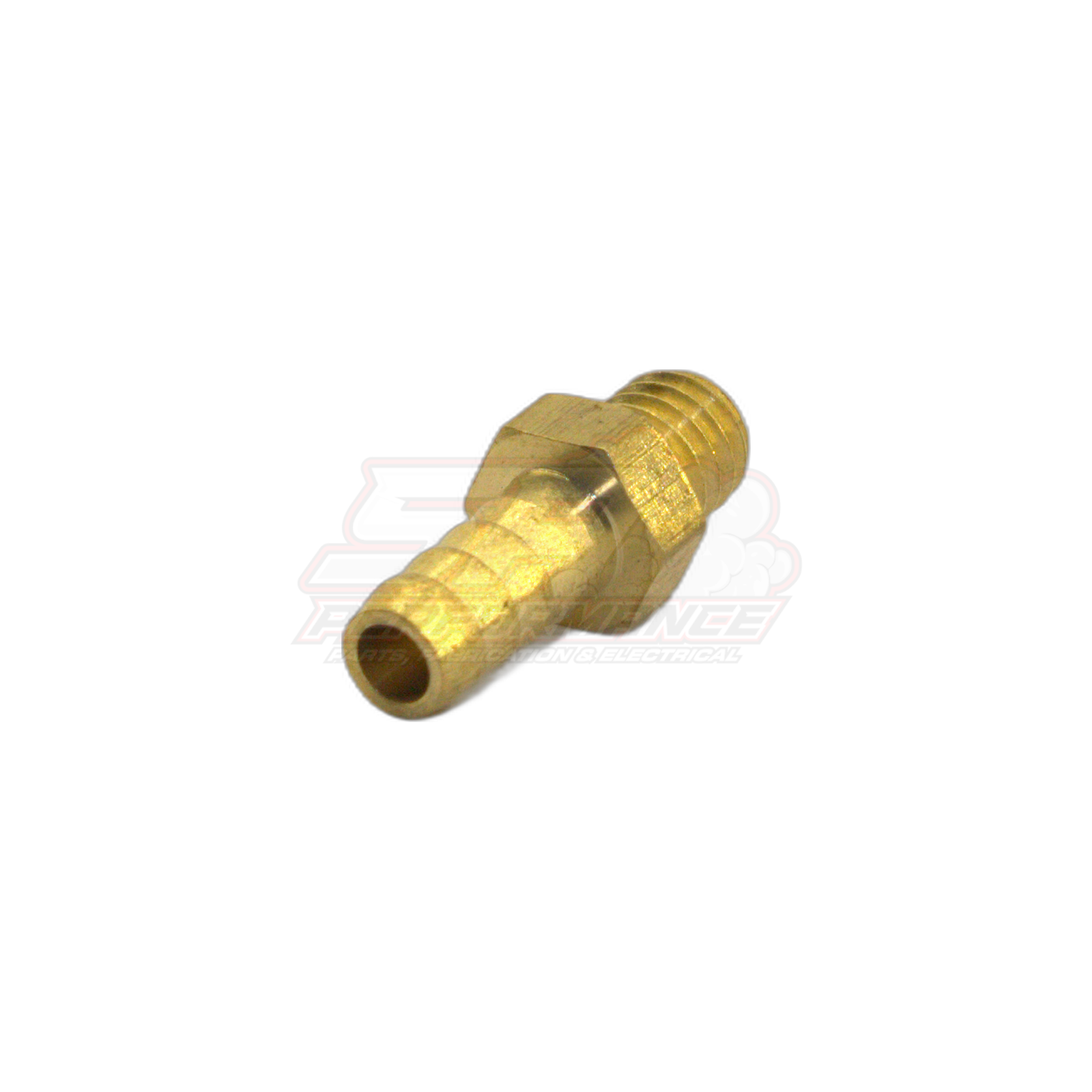 Brass M6 x 1.0 male metric to 5mm barb adapter showing threaded end and barbed hose tail in angled view