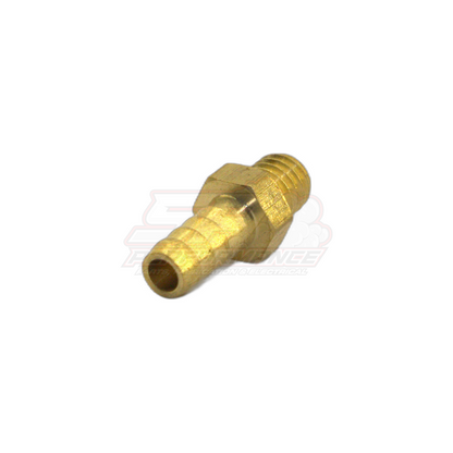 Brass M6 x 1.0 male metric to 5mm barb adapter showing threaded end and barbed hose tail in angled view