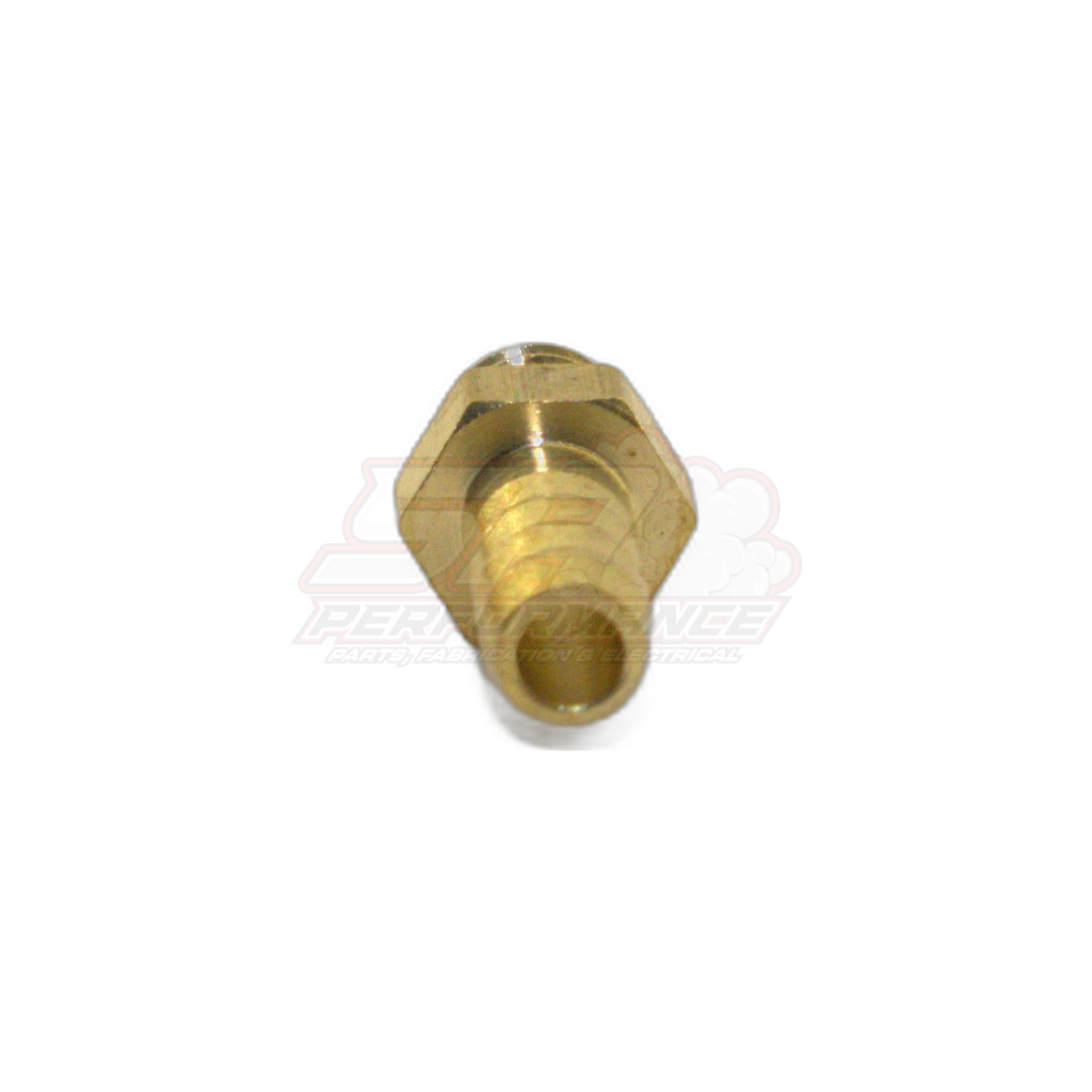M6 x 1.0 male metric thread brass barb fitting angled view showing hexagonal body and 5mm barb outlet