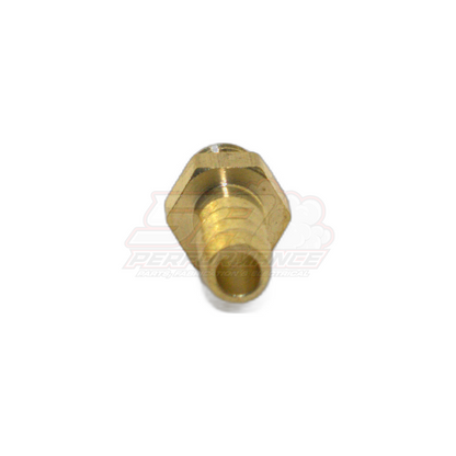 M6 x 1.0 male metric thread brass barb fitting angled view showing hexagonal body and 5mm barb outlet