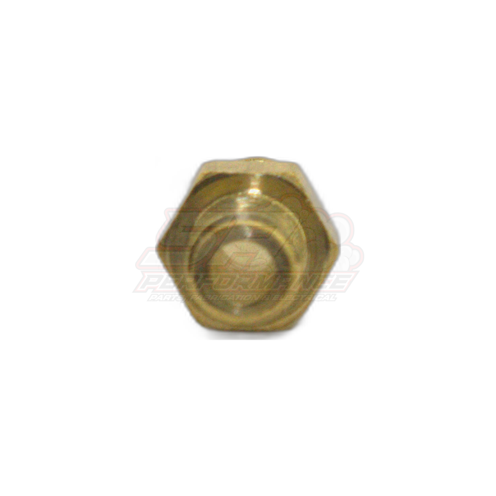 M6 x 1.0 male metric to 5mm barb brass fitting shown from front angle with hexagonal body and concentric threaded port visible