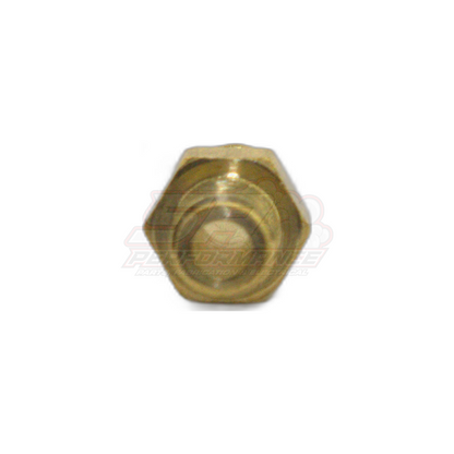 M6 x 1.0 male metric to 5mm barb brass fitting shown from front angle with hexagonal body and concentric threaded port visible