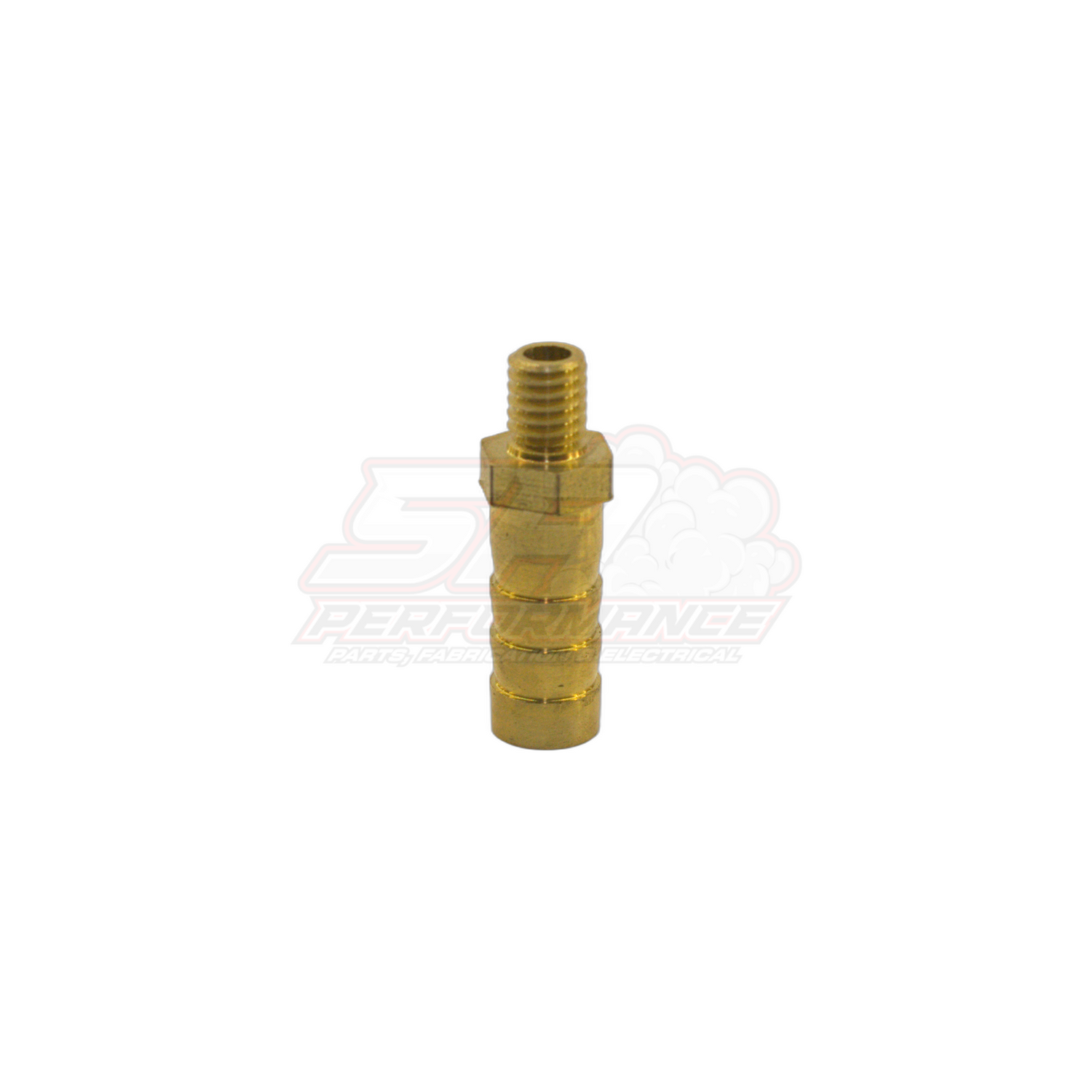 M6 x 1.0 male metric to 8mm barb brass adapter fitting shown at angle, displaying threaded end and ribbed barb connection