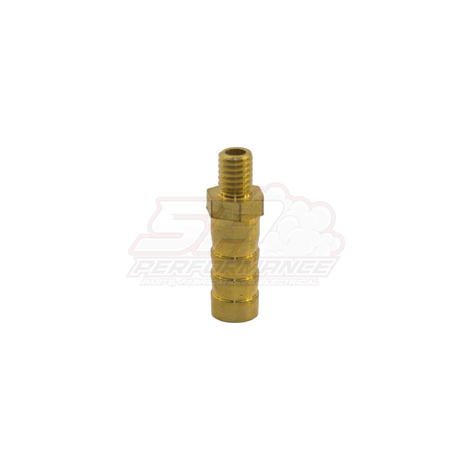 M6 x 1.0 male metric to 8mm barb brass adapter fitting shown at angle, displaying threaded end and ribbed barb connection