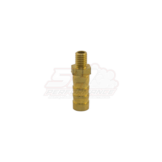 M6 x 1.0 male metric to 8mm barb brass adapter fitting shown at angle, displaying threaded end and ribbed barb connection