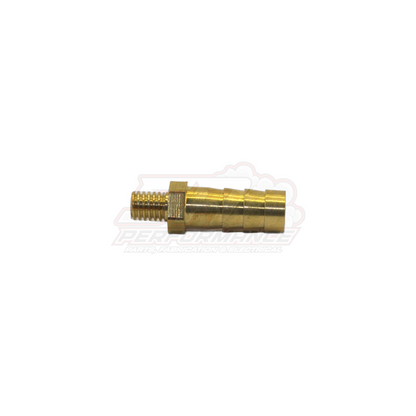 Side view of M6 x 1.0 male metric to 8mm barb brass fitting showing threaded end and ribbed hose barb